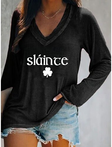  St. Patrick's Day Dames T-shirt Bloem Graphic Planten Elegant Vintage Stijlvol Lange Mouwen V-hals Reguliere Tops Dagelijks Uitgaan Weekend Print Blauw Zwart Wit Groen Grijs Lente Winter