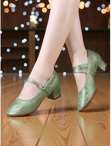  Chaussures de danse professionnelles Mary Jane en satin jacquard pour femmes - petit talon bloc latin &Chaussures de danse de salon pour femmes, bride de sécurité, semelle souple et confortable pour