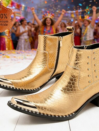  Mannen Mardi Gras gouden krokodillenprint enkelboots - Luxe 100% premium koeienleer elegante ontwerp voor carnaval feesten en nachtleven evenementen