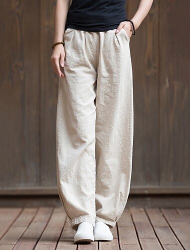  Damen Baumwollleinen Sommerhose Urlaub Streetwear Basic Volle Länge Mittlere Taillenlinie Einfach Tasche Elastischer Bund Bequem Komfort Unelastisch Täglich Outdoor Straße Beige Schwarz Dunkelmarine