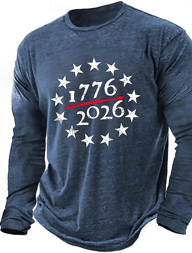  4th of July 2026 250th Memorial Day Men's Designer 3D Print US Flag Crew Neck Long Sleeve T-Shirt Casual Daily Street