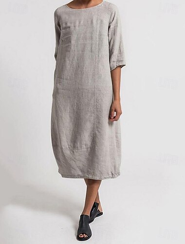  Mulheres Vestido midi Vestidos Para o Verão Vestido de turno Férias Casual Boho Diário Praia Feriado Ajuste Largo Tecido Manga 3/4 Gola Redonda Azul marinho Preto Vermelho Cinzento Claro Verão