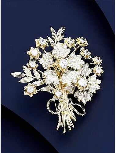  女性用合金模造ダイヤモンドブローチ - 金と銀のエレガントな花柄デザイン、結婚式や特別な機会に最適