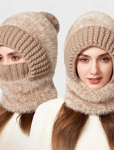  Gorro feminino 3 em 1 de tricô para o inverno com protetor de pescoço e máscara facial, alta elasticidade, cor sólida, resistente ao vento, ideal para ciclismo em clima frio.