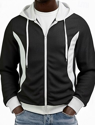  Hombre Sudadera Sudadera con capucha y cremallera completa Sudadera con capucha y diseño de gofres Negro Con Capucha Plano Retazos Bloque de Color Con Texturas Casual Diario Deporte Ropa de calle