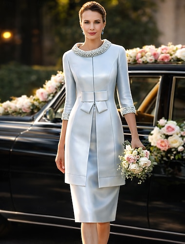  Deux Pièces Fourreau Colonne Mi-long Robe d'invité de mariage Robe de Mère de Mariée  Manches Courtes Bijoux Élégant robe demoiselle d honneur Fête de mariage Église Satin Robes avec Veste avec