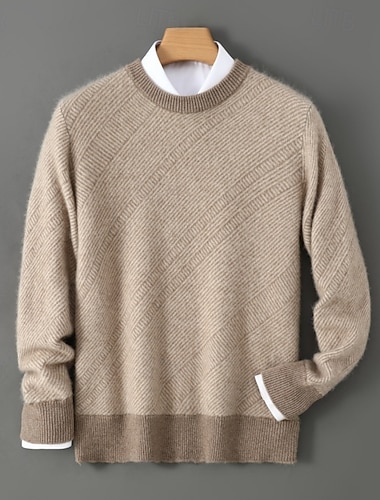  Voor heren Wollen trui Gebreide trui Geribd breien Normale tops Gebreid Kleurenblok Strakke ronde hals Modieus Streetwear Alledaagse kleding Uitgaan Kleding Herfst Winter blauw Kameel S M L