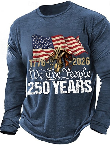  2026年7月4日 250周年追悼日 男性 デザイナー 3D印刷 米国旗 クルーネック 長袖 Tシャツ カジュアル デイリー ストリート
