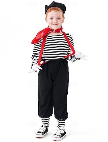  Costume de Carnaval 2026 Costume élégant Artiste Mime Clown mime Cirque Déguisement Cosplay Rayé Enfant Garçons Halloween Carnaval Soirée Performance Vêtements de Maison Se déguiser