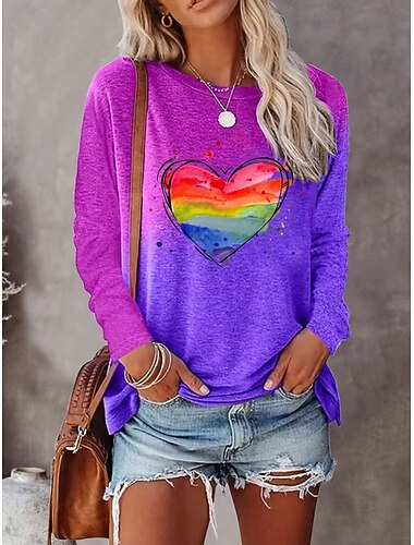  Valentinstag Damen T Shirt Druck Herz Grafik Mode Stilvoll Klassisch Langarm Rundhalsausschnitt Rundhals Normale Oberteile Täglich Wochenende Rot / Blau Sommer Frühling Herbst Winter