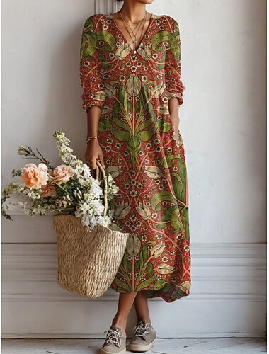  Damen Maxi Kleid Leinenähnlich Atmungsaktiv Leicht Sommerkleid Shift Kleid Lässig Party Feiertag Reguläre Passform Floral Lange Ärmeln V-Ausschnitt Weiß Rosa Braun Grau Sommer Frühling