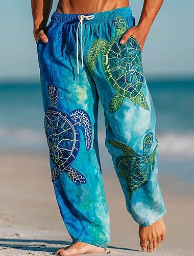 Homme Tortues Créatures de la mer Pantalons Pantalon décontracté Pantalons Amples Taille Moyenne Hawaïen Extérieur Vacances Tenue de plage Taille élastique avec cordon de serrage Pantalon en lin avec
