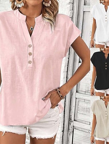  Dame Imitert bomullslin Helfarge عادي Bohem Årgang Stilfull Ermeløs V-hals Vanlige topper Daglig Ferie Ferieklær Svart Hvit Rosa Navyblå Sommer