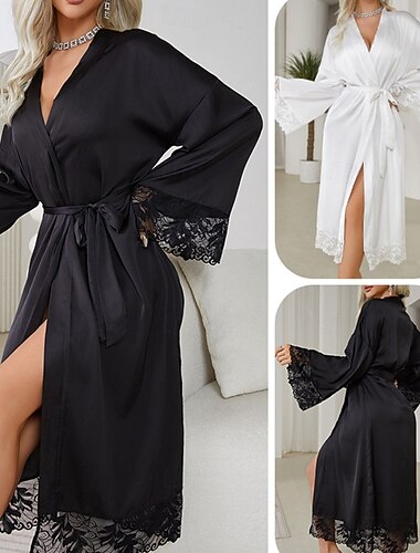  Damen Satin-Nachtwäsche Satin-Nachthemd Robe Lässig Weich Satin Einfarbig Spitze Täglich Heim Bett Langarm V Ausschnitt Weiß Schwarz Sommer Normale Passform