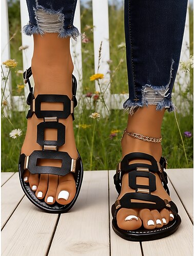  Braune, flache Damensandalen mit Cut-outs, klassische Riemchensandalen für Sommerreisen, Strand und Alltag