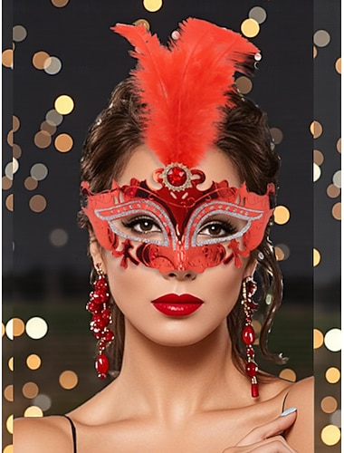  Kvinnes rød fjær venetiansk masquerade-maske - elegant laserutskåret karneval kostyme tilbehør Venezia festival Mardi Gras cosplay  masqueradefester