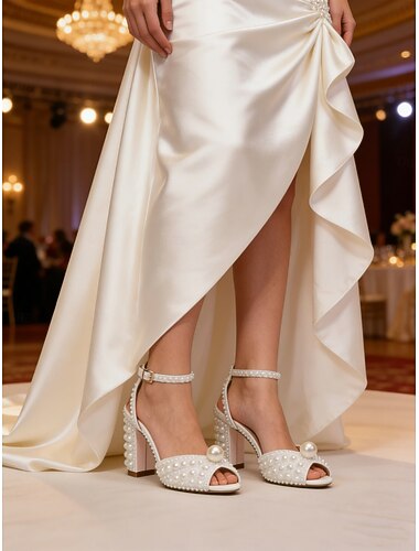  tacchi da sposa di lusso con perle per la sposa – eleganti scarpe da sposa con tacco a blocco per matrimoni in chiesa e in sala da ballo