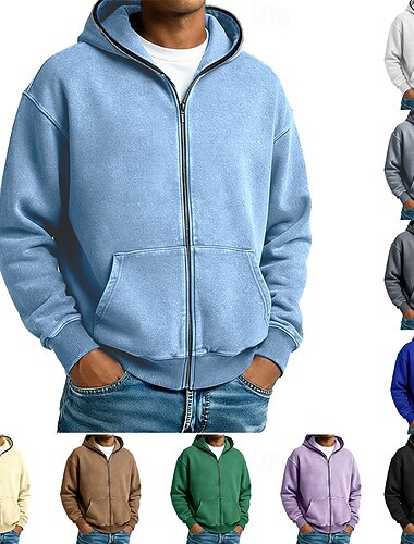  Voor heren Trui met capuchon Hoodie met volledige rits blauw Abrikoos Zwart Wit Blozend Roze Capuchon Effen Rits omhoog Casual Dagelijks Sport & Outdoor Streetwear Stoer Sportkleding Alle seizoenen