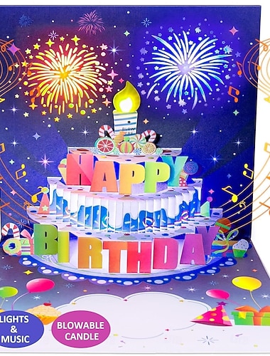  Cartes d'anniversaire avec feux d'artifice, gâteau gonflable lumineux et musical, carte d'anniversaire, cadeaux pour femmes, hommes, mamans et enfants
