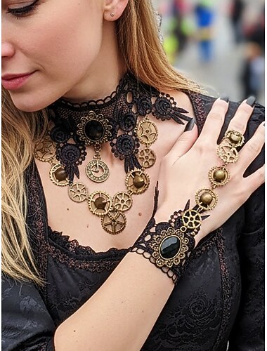  Frauen Mardi Gras Schwarzes Spitze Steampunk Choker-Halsband und Armband-Set - Legierung Gear-  Uhrenanhänger für Gothic-Cosplay  Karneval  Halloween-Kostüme