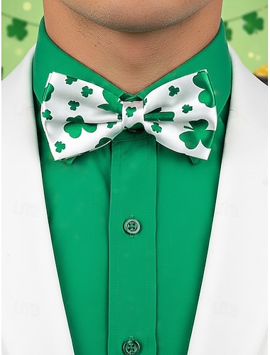  papillon da uomo in poliestere, con stampa a trifoglio bicolore, perfetto per le celebrazioni di San Patrizio e Carnevale