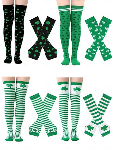  dames St. Patrick's Day sokken &Armwarmerset, 4-delige set met kniehoge sokken en vingerloze handschoenen met klaverprint, Ierse groene feestelijke accessoires voor dames &meisjes, perfect voor St.