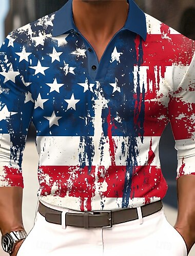  4 يوليو 2026، الذكرى 250 رجالي علم الولايات المتحدة الأمريكية بولو ستايل كم طويل قمصان البولو Lapel كاجوال الأماكن المفتوحة مناسب للبس اليومي ملابس المهرجان طباعة ثلاثية الأبعاد Buttons