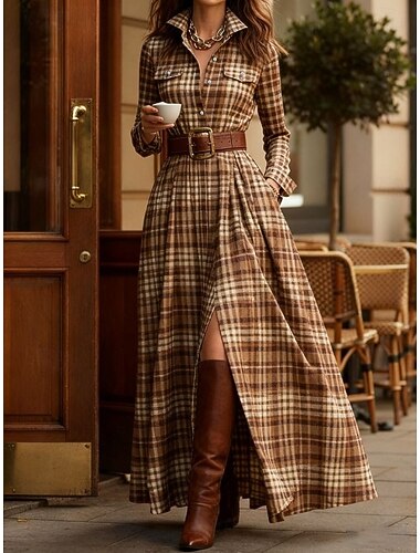  Per donna Abito maxi Abito a Tubino Vacanza Casual Boho Quotidiano Vestibilità regolare Plaid Manica Lunga Colletto a Camicia Blu Rosso Arancione Verde Primavera Autunno Inverno