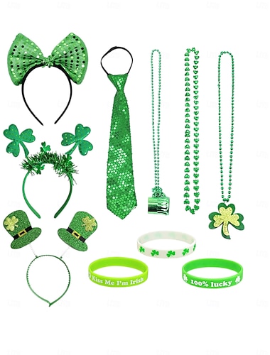  set di accessori da donna con paillettes verdi per il giorno di San Patrizio: include cerchietto con fiocco, orecchini, cravatta, braccialetti e altro ancora per le celebrazioni festive