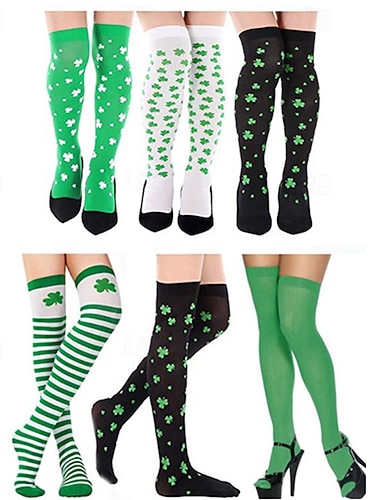  Meias até o joelho com trevo verde irlandês para o Dia de São Patrício, meias festivas para o desfile do Dia de São Patrício, meias para comemoração do feriado, conjunto de meias com tema da Irlanda.