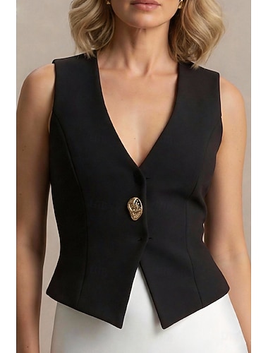  Mulheres Colete Escritório Formal Convidado do casamento Elegante Clássico Sem Manga Decote V Comum 1 Botão