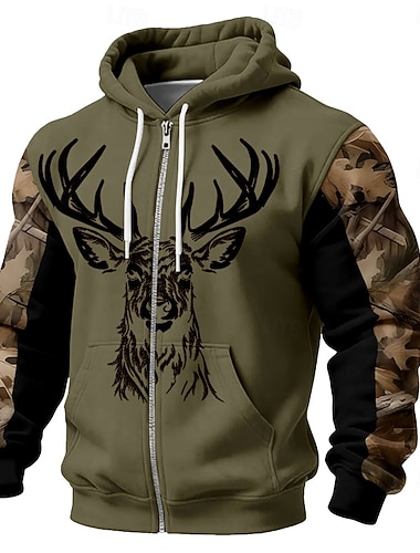  Homens camuflagem Veado Moletom Jaqueta Moda Diário Manga Longa Com Capuz Férias Caça Marron Verde cáqui Com Cordão Zíper Outono Inverno Designer S M L XL XXL XXXL