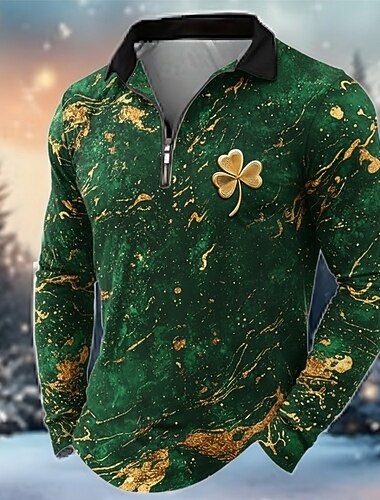  St. Patrick's Day Herren Shamrock Marmor Polo Langarm Umlegekragen Modern Freizeit Athleisure Casual Alltagskleidung Festival Reißverschluss 3D Druck Frühling Herbst Grün 1 Grün 2 Grün 3#
