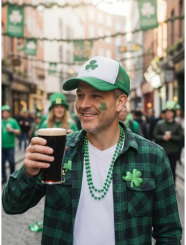  herrarnas gröna St. Patrick's Day-tröja &vit näthatt med shamrockrygg – snygg keps för festliga firanden