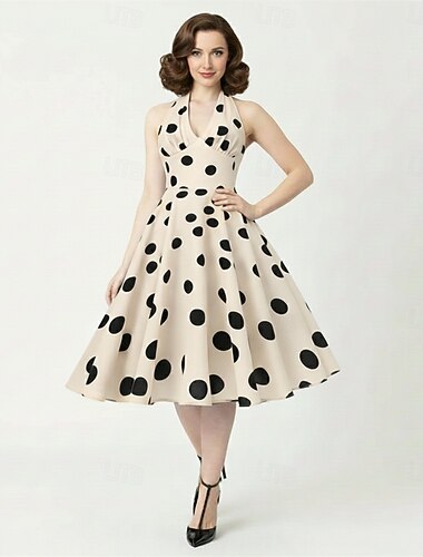  Rockabilly Middag En linje kjole Polkadotter Trang og vid passform Kostyme Dame Karneval Valentinsdag Avslappet Ball Retro-temafest Voksne Kjole Sommer Vår