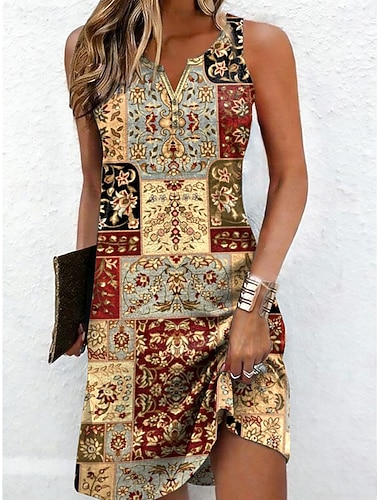  Femmes Mini Robe Robe fourreau Robe d'Été Robe d'été Robe à épaules dénudées Vacances Occasionnel Quotidien Fête Sortir Coupe régulière Fleuri Graphique Tribal Sans manches Col en V Bleu Jaune Violet