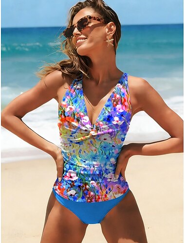  Costume da bagno 2 pezzi tankini donna snellente con ruches pantaloni corti lacci schiena scoperta moda da spiaggia ombre floreale scollo a V senza maniche