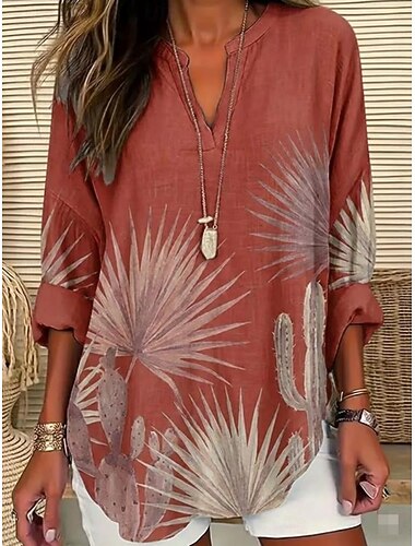  Damen Hemd Tunika Druck Blumen Grafik Vintage Täglich Stilvoll Langarm V Ausschnitt Normale Oberteile Täglich Ferien Rote Sommer Frühling