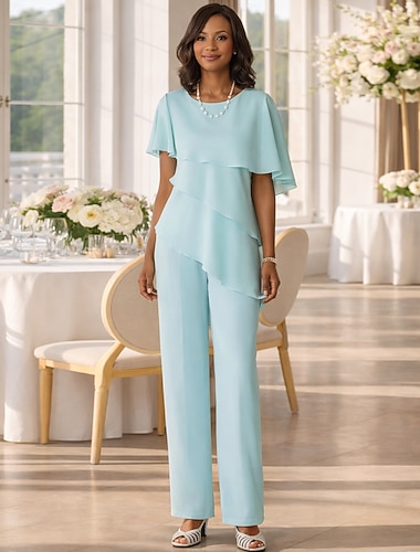  Deux Pièces Combinaison Tailleur-Pantalon Longueur au sol Robe de Mère de Mariée  Manche Courte Bijoux Élégant Grande taille robe demoiselle d honneur Chiffon avec Volants en Cascade