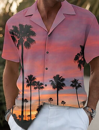  Per uomo Albero di Cocco Tramonto Piante Tropicali Camicia Camicia con colletto cubano Camicia hawaiana estiva Manica Corta Hawaiano Vacanza Ferie Abbigliamento mare Estate Primavera Camicia con