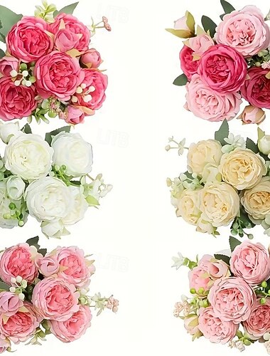  6 buquês de peônias artificiais - flores realistas em tons de rosa e vermelho, combinadas com folhagem verde. Ideais para decoração de mesa em casamentos de inverno, Dia dos Namorados, Páscoa e Natal.
