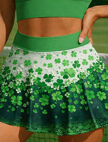  St Patrick Dam Klöver Avslappnad kjol Tenniskjol Trendig Tryck UV-skydd Elastisk Tennis Pickleball Löpning Underdelar Grön Tenniskläder