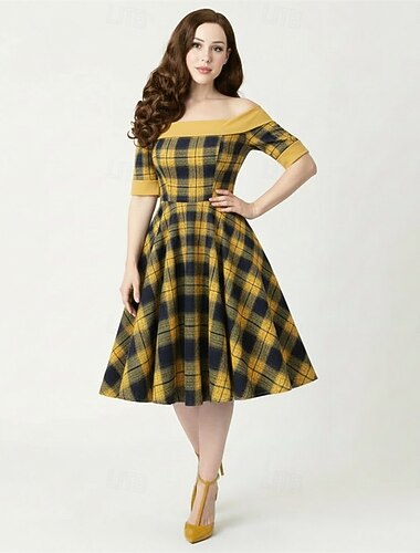  Rockabilly Middag En linje kjole Korte ermer Trang og vid passform Kostyme Dame Karneval Valentinsdag Avslappet Ball Retro-temafest Voksne Kjole Vår