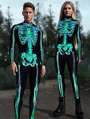  Terno Corpo Inteiro Esqueleto Traje Cosplay Fatos de Corpo Fantasias para casais de grupos de Halloween Traje Assustador Crianças Adulto Homens Mulheres Dia Das Bruxas Carnaval Baile de Máscaras