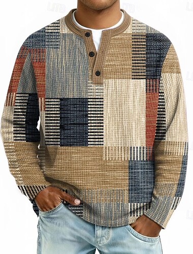  Homens Geométrica Retalhos Camisa Waffle Henley Estilo casual Estilo Clássico Manga Longa Moda Designer Básico Casual Diário Ao ar livre Outono Primavera & Outono Azul Cinzento Verde cáqui Henley