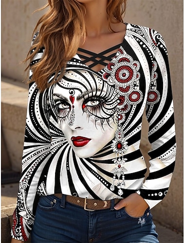  Carnaval Mardi gras Dames T-shirt Uitknippen Afdrukken Grafisch Abstract Vintage Stijlvol Klassiek Lange mouw V-hals Normale tops Dagelijks Zwart Groen Lente Herfst