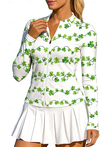  St. Patrick Dame Blomster Clover Topper Sportsskjorte Tennisskjorte Tennistopp Langermet Glidelås UPF50+ UV-bestandig Høy Elastisitet Fukttransport Pustende Volleyball Tennis Golf Rund Høyhalset