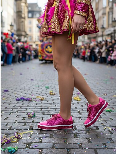  Zapatillas de lona de purpurina rosa para mujeres en Mardi Gras - Zapatos casuales brillantes de plataforma para el carnaval festivales y fiestas