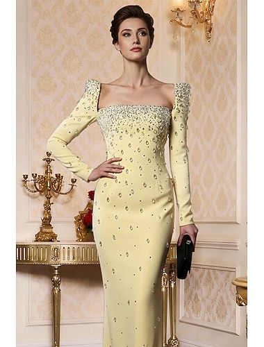 Abito da sera elegante e lungo a colonna con maniche lunghe e scollo quadrato per matrimonio con cristalli e perline