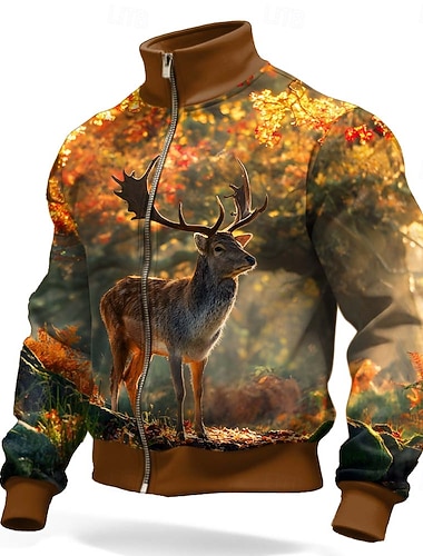  Herren Hirsch Jacke Pullover Mode Täglich Jagd Stehkragen Outdoor Streetwear Party Braun Braun 2 Braun 4 Braun 3 Reißverschluss Frühling Herbst Designer S M L XL XXL XXXL